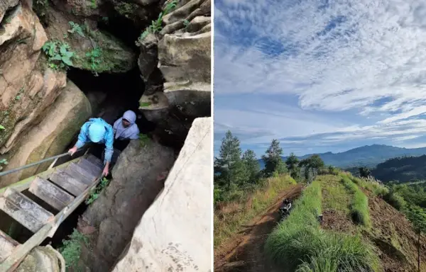 Pintu masuk Goa Garunggang dan pemandangan di jalur trekking menuju goa (Sumber : Gmaps)
