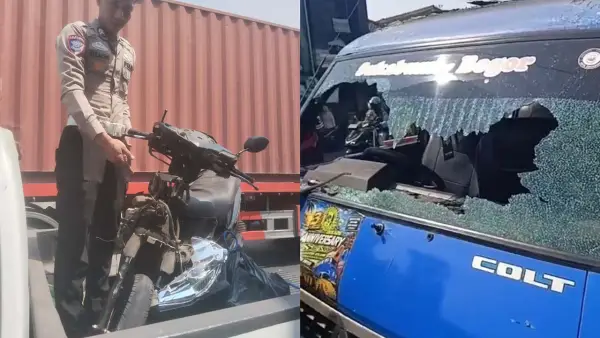 Kondisi motor Honda Vario dan Mobil Colt Mini L300 pasca tabrakan di Cibadak Sukabumi, Selasa (28/7/2026). (Sumber Foto: Istimewa)