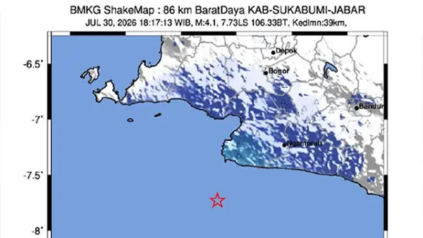 Gempa bumi tektonik mengguncang wilayah Sukabumi, Jawa Barat, pada Kamis (30/07/2026) pukul 18:17:13 WIB. (Sumber : BMKG).