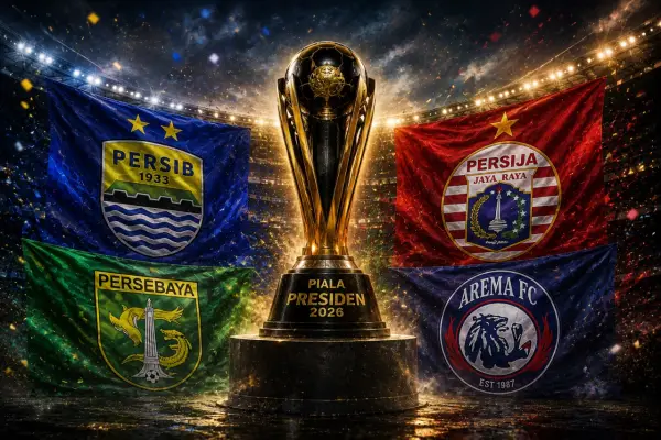 Ilustrasi - Persaingan klub Indonesia yakni Persib Bandung, Persija Jakarta, Persebaya Surabaya dan Arema FC yang memperebutkan trophy Piala Presiden 2026 (Sumber : AI chatGPT)