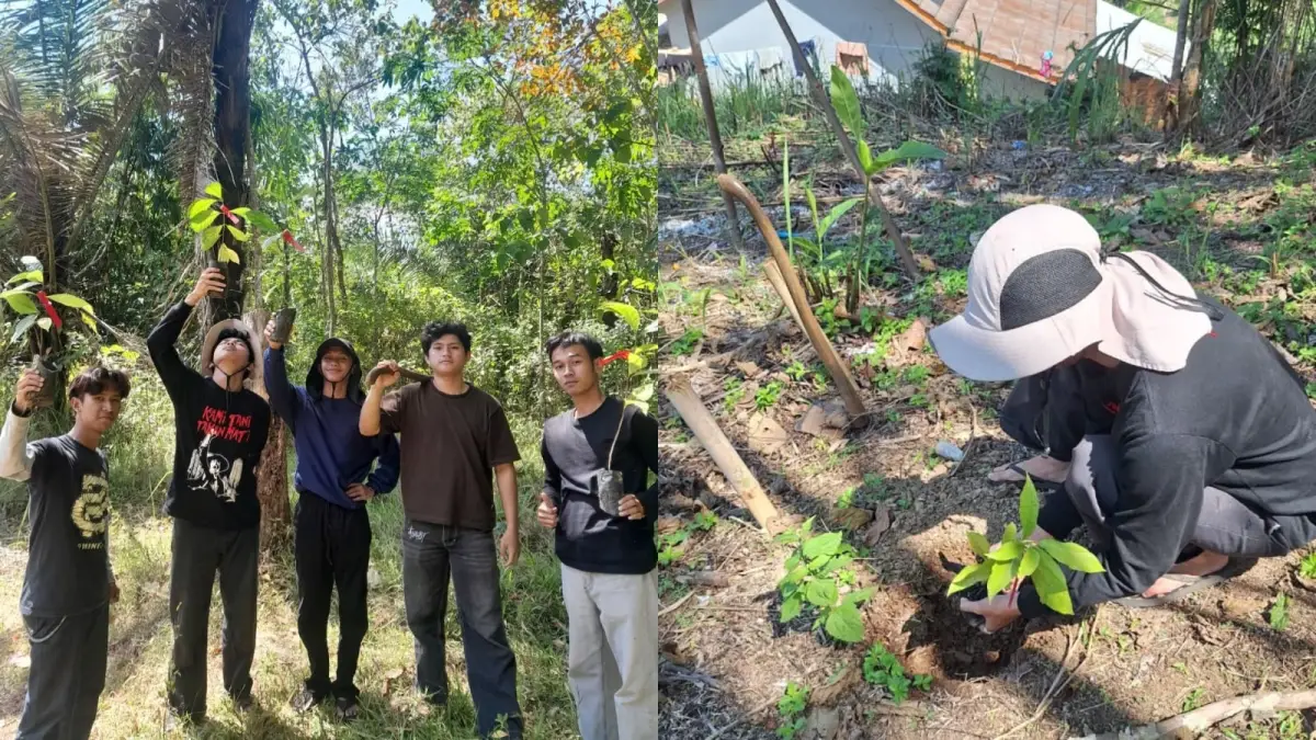 Mahasiswa KKN Kelompok 17 UMMI melakukan penanaman pohon di kawasan rawan longsor Kampung Nangewer, Desa Neglasari, Kecamatan Purabaya, Kabupaten Sukabumi.