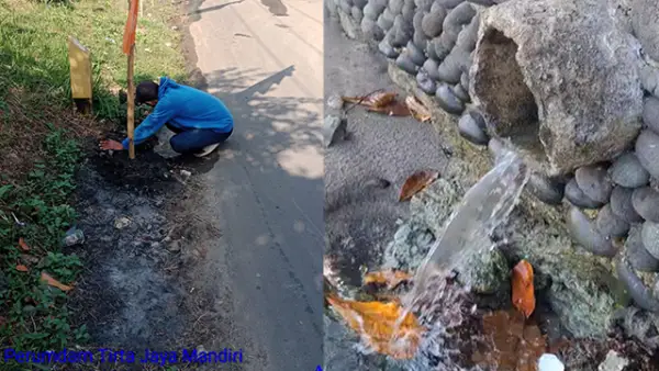 Petugas Perumdam Tirta Jaya Mandiri Cabang Jampangkulon melakukan perbaikan kebocoran sambungan pipa 2 inci usai ada laporan masyarakat yang menyebabkan air mengalir hingga kawasan Pantai Minajaya. (Sumber : Perumdam TJM).