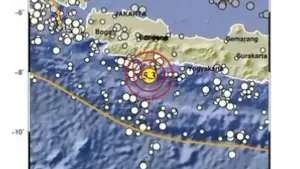 Episenter gempa bumi tektonik berkekuatan magnitudo (M) 5,3 di laut Pangandaran, Jawa Barat, Rabu (5/8/2026) malam. (Sumber Foto: BMKG)