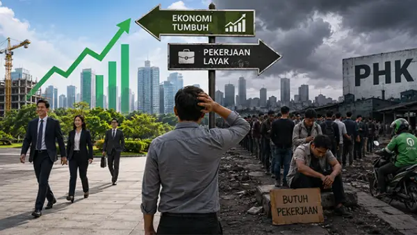 Ilustrasi - Di Balik Ekonomi Tumbuh: Ketika Pekerjaan Layak Makin Langka. (Sumber : AI/ChatGPT).