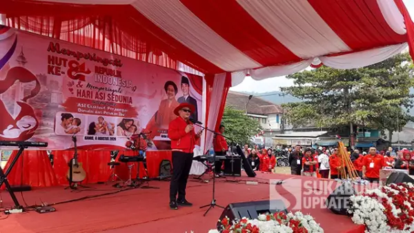 Sekjen PDIP Hasto Kristiyanto di kegiatan peringatan Hari ASI Sedunia dan HUT ke-81 Kemerdekaan RI di Lapang Sepak Bola Sekarwangi, Kecamatan Cibadak, Kabupaten Sukabumi, Kamis (6/8/2026). (Sumber : SU/Turangga Anom)