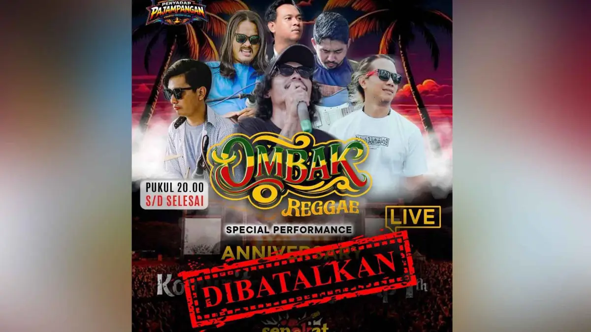 Poster teranyar terkait pembatalan konser ombak reggae di Purwasedar Ciracap.