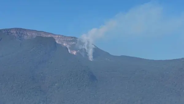 Kepulan asap api kebakaran di alun-alun Suryakencana Gunung Gede Pangrango yang terlihat dari kejauhan. (Sumber Foto: Dok. Kemenhut/BBTNGGP)