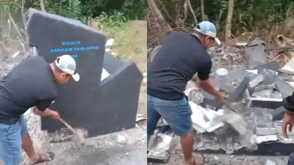 Dengan palu godam, ED membongkar Rocket Stove Mahasiswa KKN di Desa Mekartanjung Curugkembar Sukabumi. (Sumber Foto: Tangkapan layar video/Istimewa)