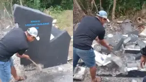 Dengan palu godam, ED membongkar Rocket Stove Mahasiswa KKN di Desa Mekartanjung Curugkembar Sukabumi. (Sumber Foto: Tangkapan layar video/Istimewa)