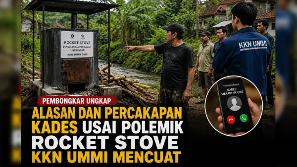 Ilustrasi AI yang menmggambarkan polemik pembongkaran Rocket Stove Mahasiswa KKN UMMI di Mekartanjung, Curugkembar, Sukabumi. (Sumber: Ilustrasi AI)