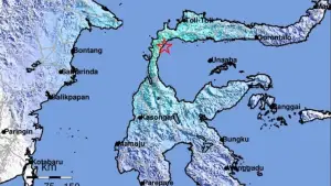 Titik gempa bumi M5,9 Guncang Teluk Tomini, Sulawesi Tengah. Sabtu (15/8/2026) malam. (Sumber: Istimewa)