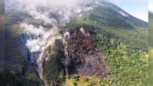 Tangkapan visual lokasi kebakaran di area Kawah Wadon, Taman Nasional Gunung Gede Pangrango (TNGGP) yang diambil dari drone. (Sumber Foto: Dok. BBTNGGP)