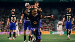 Selebrasi Raphinha setelah cetak gol untuk Barcelona ke gawang Elche (Sumber: web/fcbarcelona.com)