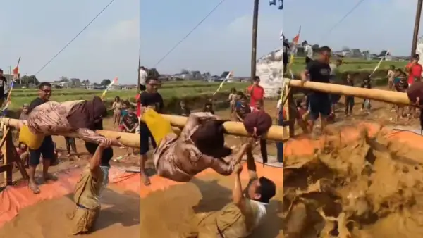 Tangkapan layar momen seorang ibu-ibu terjatuh ke kubangan lumpur saat bersiap mengikuti lomba gebuk bantal di Cidahu Sukabumi. (Sumber Foto: SU/Ibnu)
