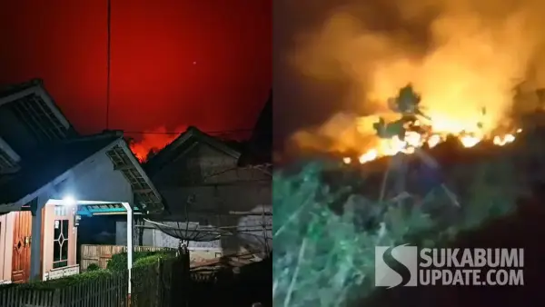 Kolase foto langit yang memerah jingga yang terpotret di area permukiman warga dan foto kebakaran lahan HGU di Desa Cijulang Jampangtengah Sukabumi, Rabu (26/8/2026) malam. (Sumber Foto: Istimewa)