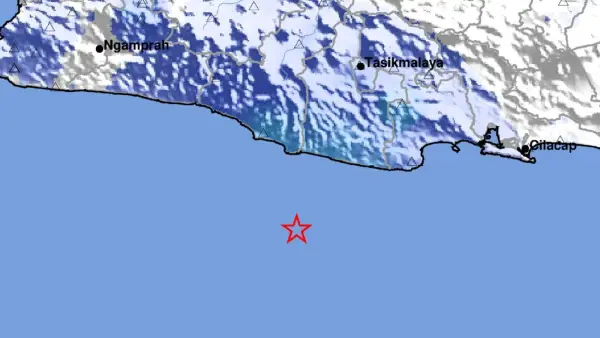 Episenter gempa M4,2 di laut Pangandaran, Rabu (26/8/2026) malam. (Sumber Foto: BMKG)