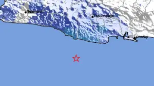 Episenter gempa M4,2 di laut Pangandaran, Rabu (26/8/2026) malam. (Sumber Foto: BMKG)