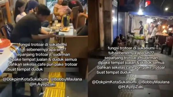 Tangkapan layar video lapak dagang yang penuhi trotoar Jalan Sudirman, Kota Sukabumi. (Sumber: Dok Warga)