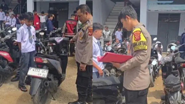 Polisi saat mengamankan puluhan knalpot brong di lingkungan sekolah. (Sumber: Istimewa)