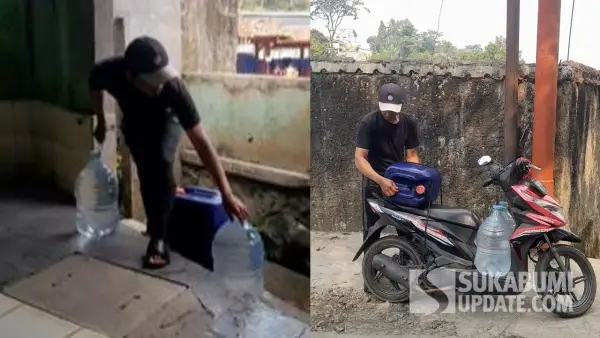 Fahmi (52), warga Kampung Sewah Lega, Cicurug Sukabumi saat mengangkut air ke atas motornya. (Sumber: SU/Ibnu Sanubari)