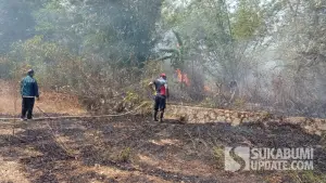 Tim gabungan saat berupaya memadamkan kobaran api yang menghanguskan lahan dan kebun di Tamanjaya Ciemas Sukabumi, Selasa (1/9/2026). (Sumber Foto: Istimewa)