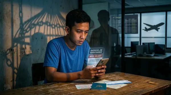 Ilustrasi. Seorang pemuda Indonesia memegang ponsel cerdas yang menampilkan layar lowongan kerja palsu. (Sumber Foto: AI)