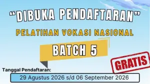 Poster digital pembukaan pendaftaran pelatihan vokasi nasional batch 5. (Sumber : UPTD BLK Disnakertrans Kabupaten Sukabumi)