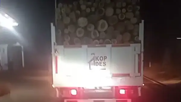 Truk Koperasi Desa Merah Putih (KDMP) membawa gelondongan kayu saat melintas di jalan provinsi ruas Jampangtengah-Kiaradua, Kamis malam (3/9/2026). (Sumber : Screenshot Video Warga).