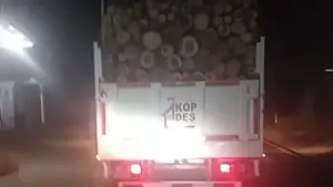 Truk Koperasi Desa Merah Putih (KDMP) membawa gelondongan kayu saat melintas di jalan provinsi ruas Jampangtengah-Kiaradua, Kamis malam (3/9/2026). (Sumber : Screenshot Video Warga).
