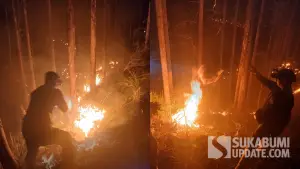 Petugas saat mencoba memadamkan kebakaran lahan kebun jati di Desa Cidadap Kecamatan Simpenan Kabupaten Sukabumi, Jumat (4/9/2026) malam. (Sumber Foto: P2BK Simpenan)