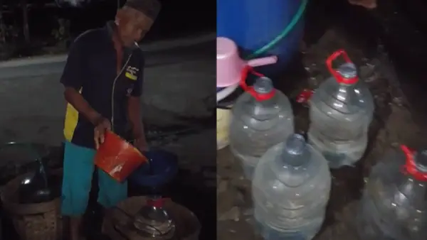 Warga Desa Cisaat, Kecamatan Cicurug, Kabupaten Sukabumi, mengambil air bersih di sumber air Cikombo, Sabtu (5/9/2026). (Sumber : Istimewa.)