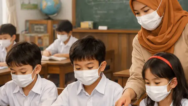 Ilustrasi AI. Pelajar dan guru pakai masker (Sumber: copilot)