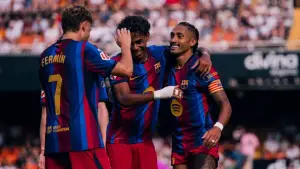 Perayaan gol Raphinha saat Barcelona menang telak atas Barcelona (Sumber: web/fcbarcelona.com)