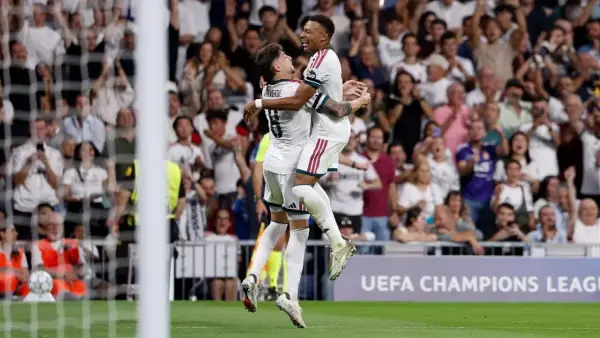 Selebrasi Kylian Mbappe setelah cetak gol untuk Real Madrid ke gawang Inter Milan. (Sumber: web/realmadrid.com)