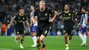 Aksi Erling Haaland setelah cetak gol untuk Manchester City ke gawang FC Porto di Liga Champions 2026/2027. (Sumber: web/tntsports.co.uk)