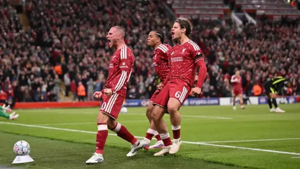 Selebrasi gol Mac Allister setelah cetak gol ke gawang Atletico Madrid saat membela Liverpool di Liga Champions 2026/2027. (Sumber: web/liverpoolfc.com)