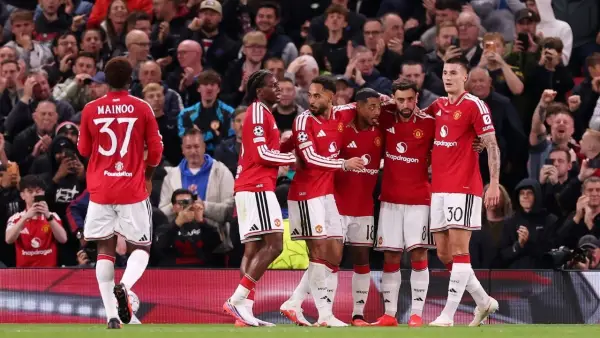 Aksi para pemain Manchester United setelah berhasil unggul atas Sabah FK di Liga Champions 2026/2027 (Sumber: web/manutd.com)