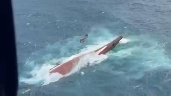 Potret udara Kapal Virgo Transport 8 yang terbalik usai hilang kontak di Laut Jawa. (Sumber Foto: Basarnas)