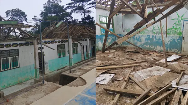 Kondisi ruang belajar MTs Bumi Persada di Kampung Sodong, Desa Langkapjaya, Kecamatan Lengkong, Kabupaten Sukabumi, yang ambruk pada Senin (14/9/2026). (Sumber : Istimewa.)