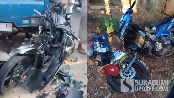 Kondisi kedua motor ringsek usai adu banteng di di Jalan Nasional, Kampung Pangsor, Desa Citangkar, Surade Sukabumi, Selasa (15/9/2026) pagi. (Sumber Foto: Istimewa)