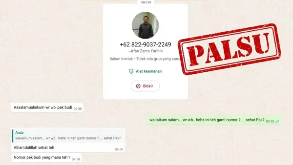 Bukti chat dari penipu yang mencatut nama dan foto Humas DPRD Kabupaten Sukabumi Irfan Farihin. (Sumber Foto: Istimewa)