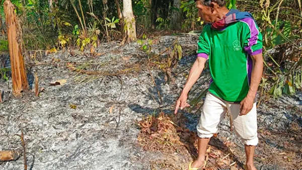 Deden anak korban menunjukan TKP ibunya yang tewas usai mencoba memadamkan kebakaran di Kampung Ciwalahar, RT 001/RW 001, Desa Cidadap, Kecamatan Cidadap, Kabupaten Sukabumi, Selasa (15/9/2026). (Sumber : Istimewa.)