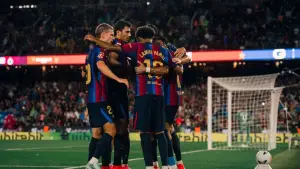 Selebrasi para pemain Barcelona usai unggul atas Racing Santader di La Liga 2026/2027 (Sumber: web/fcbarcelona.com)