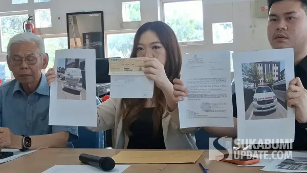 Kuasa hukum PT RMK, Alice Yuniati Elia, menyampaikan perkembangan laporan dugaan penipuan dan penggelapan 13 unit Suzuki APV yang dijadikan ambulans di Polda Jawa Barat. (Sumber: sukabumiupdate)