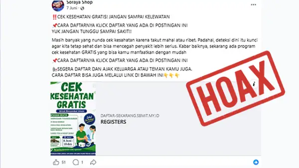 Postingan Penipuan Cek Kesehatan Gratis yang diunggah di Facebook. (Sumber : Facebook).