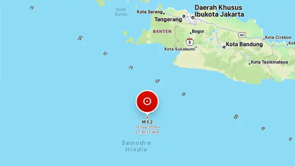 Gempa di laut Samudra Hindia, M5,2 Jumat (18/09/2026). (Sumber : BMKG)