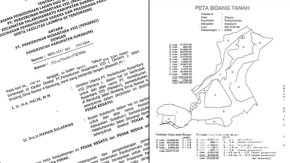Dokumen peta lahan PTPN VIII di Kecamatan Palabuhanratu yang diserahkan ke Pemkab Sukabumi | Foto : Sukabumiupdate