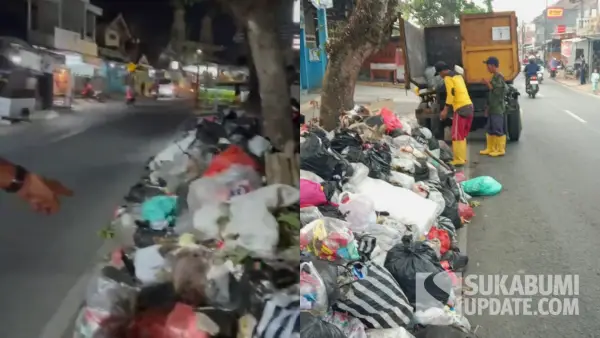 Kolase foto tangkapan layar video viral sampah menumpuk di Desa Kebonpedes (kiri) dan foto pengangkutan sampah oleh DLH di desa tersebut menggunakan truk jalur lain usai viral (kanan). (Sumber Foto: Istimewa)