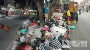 Kolase foto tangkapan layar video viral sampah menumpuk di Desa Kebonpedes (kiri) dan foto pengangkutan sampah oleh DLH di desa tersebut menggunakan truk jalur lain usai viral (kanan). (Sumber Foto: Istimewa)