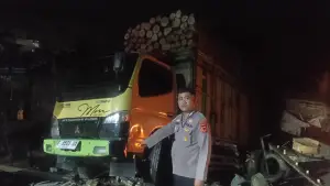 Kondisi Truk Muat Kayu yang kecelakaan tunggal di Kampung Baeud, RT 03/RW 03, Desa/Kecamatan Warungkiara, Kabupaten Sukabumi, Kamis (24/9/2026). (Sumber : Polsek Warungkiara.)